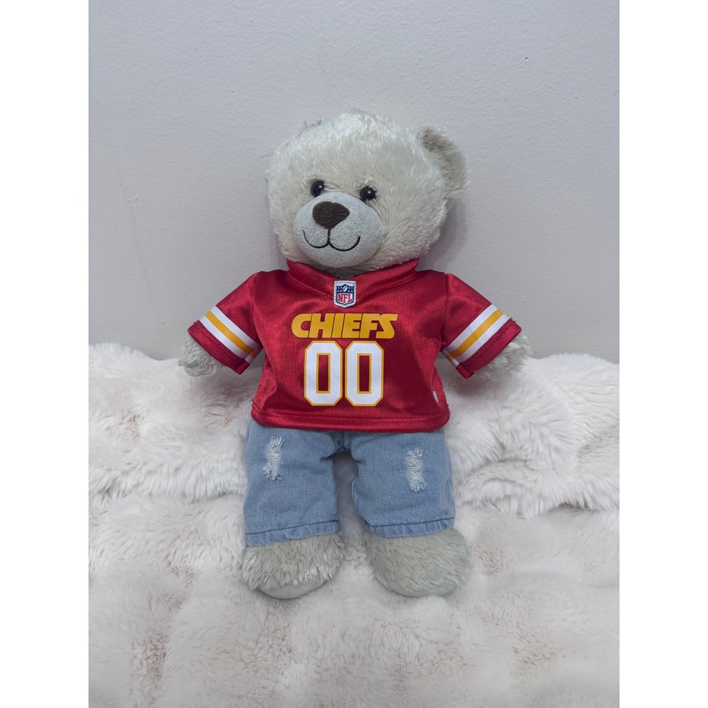 Build-A-Bear NFL Kansas City Chiefs Teddy Bear Plush Red Jersey Denim Jeans 16in